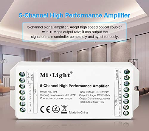 LIGHTEU®, Miboxer Milight PA5 Amplificador de alto rendimiento de 5 canales DC12V-24V Max 15A RGB RGBW RGBCCT Controlador de amplificador LED para tiras de LED RGB RGBW RGBCCT