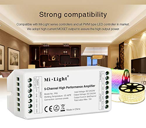 LIGHTEU®, Miboxer Milight PA5 Amplificador de alto rendimiento de 5 canales DC12V-24V Max 15A RGB RGBW RGBCCT Controlador de amplificador LED para tiras de LED RGB RGBW RGBCCT
