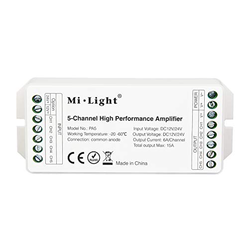 LIGHTEU®, Miboxer Milight PA5 Amplificador de alto rendimiento de 5 canales DC12V-24V Max 15A RGB RGBW RGBCCT Controlador de amplificador LED para tiras de LED RGB RGBW RGBCCT