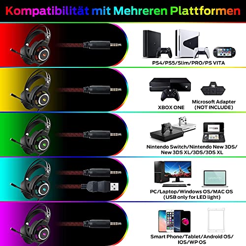 Lightspeed - Auriculares para videojuegos con cable USB y auriculares con cancelación de ruido, luz RGB, para PC, Mac, Xbox One, PS4, PS5, Switch