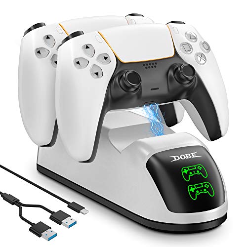 Likorlove Cargador de Mando PS5 5V 2.6 A con Indicador LED Carga al 90% en 1 Hora para Sony PS5 Controlador - 2 Puertos USB y 1 Tipo C (Cable 3 en 1) -Versión Mejorada-Blanco 17.5 x 6 x 5.6 cm