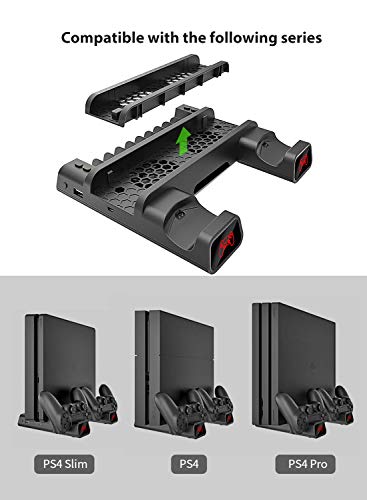 Likorlove Soporte PS4, Base de carga para playstaion 4 Consola con 2 Ventilador de Refrigeración, Estantería para 10pcs Discos Juego, Cargador de Mandos con Cable USB-C y LED Indicator - Negro