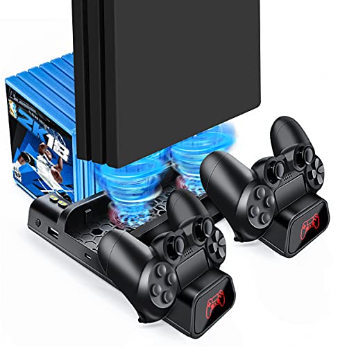 Likorlove Soporte PS4, Base de carga para playstaion 4 Consola con 2 Ventilador de Refrigeración, Estantería para 10pcs Discos Juego, Cargador de Mandos con Cable USB-C y LED Indicator - Negro