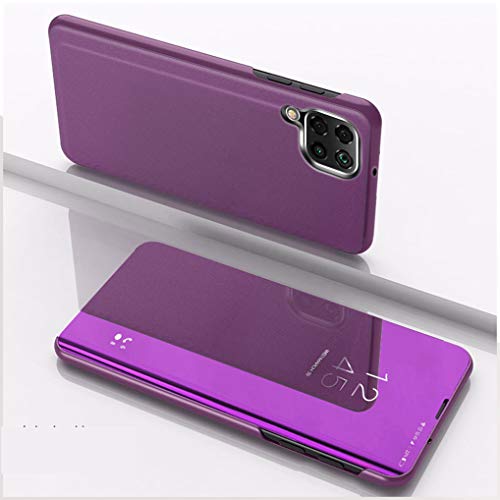 LINER Funda para Samsung Galaxy A12 / M12 Estuche, Espejo Carcasa Ultra Slim Ligero Flip Libro Funda Clear View Standing Cover Mirror PC + PU Protectora Bumper Soporte Plegable Case - Púrpura