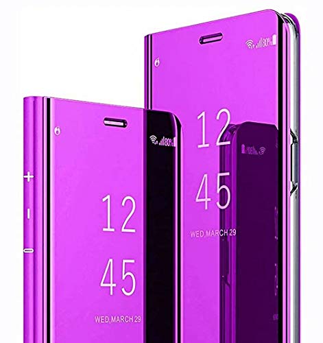 LINER Funda para Samsung Galaxy A12 / M12 Estuche, Espejo Carcasa Ultra Slim Ligero Flip Libro Funda Clear View Standing Cover Mirror PC + PU Protectora Bumper Soporte Plegable Case - Púrpura
