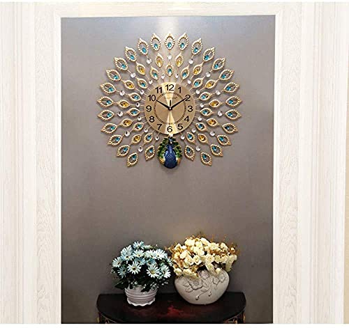 Linjolly Reloj de Pared Reloj de Pavo Real Sala de Estar Decoración Europea Dormitorio de la Pared Reloj de Pared Reloj de Silencio Arte (Color : Gold, Size : 60 * 60cm)