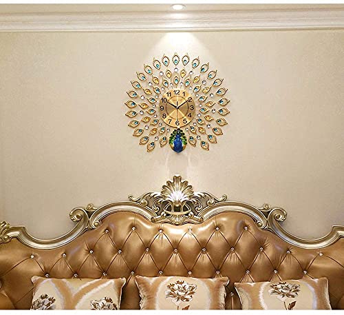 Linjolly Reloj de Pared Reloj de Pavo Real Sala de Estar Decoración Europea Dormitorio de la Pared Reloj de Pared Reloj de Silencio Arte (Color : Gold, Size : 60 * 60cm)
