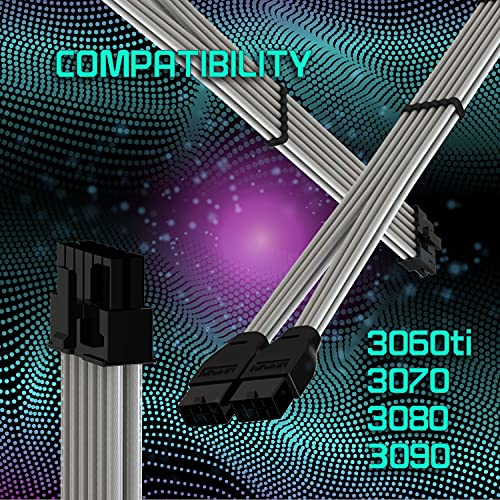 LINKUP - Compatible with NVIDIA RTX3000 Ampere Founders Edition FE GPU┃Teflon High Power PSU Adapter 16AWG Silver Coated UL-Rated Wires w/Comb┃12P to 2 x 8P PCI-e Adapter┃30cm 300mm┃Silver