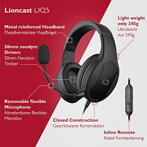 Lioncast Cascos de Gaming LX25- Auriculares con Sonido Estéreo y Control de Neodimio de 50mm - Compatibles con Windows, Mac, Nintendo Switch, PS5, PS4, Xbox One - Micrófono Desmontable, Almohadillas
