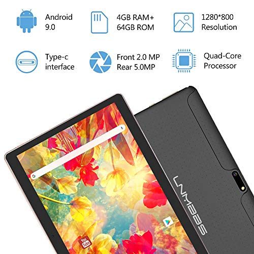 LNMBBS Android 9.0 Tablet de 10'' con WiFi 4GB de RAM y 64 GB de Memoria Tablet PC Procesador de Cuatro núcleos y Dobles Ranuras SIM y una Ranura TF Cámara GPS OTG (Negro)