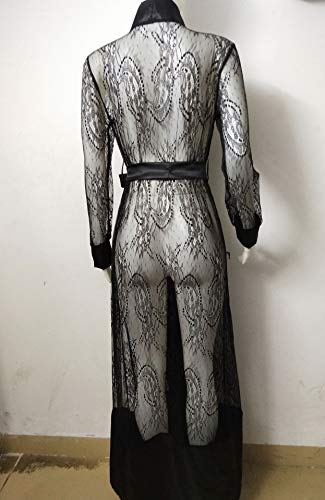Loalirando Kimono de encaje para mujer, con volante, manga larga, transparente, ropa de noche, albornoz, lencería, juego con cinturón, cubierta para bikini., Negro , XL