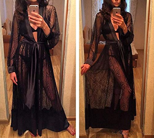 Loalirando Kimono de encaje para mujer, con volante, manga larga, transparente, ropa de noche, albornoz, lencería, juego con cinturón, cubierta para bikini., Negro , XL