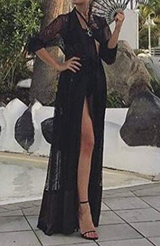 Loalirando Kimono de encaje para mujer, con volante, manga larga, transparente, ropa de noche, albornoz, lencería, juego con cinturón, cubierta para bikini., Negro , XL