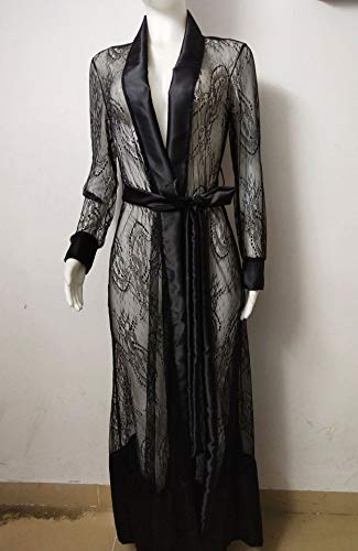 Loalirando Kimono de encaje para mujer, con volante, manga larga, transparente, ropa de noche, albornoz, lencería, juego con cinturón, cubierta para bikini., Negro , XL