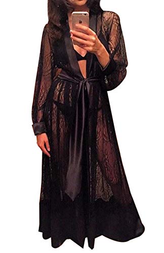 Loalirando Kimono de encaje para mujer, con volante, manga larga, transparente, ropa de noche, albornoz, lencería, juego con cinturón, cubierta para bikini., Negro , XL