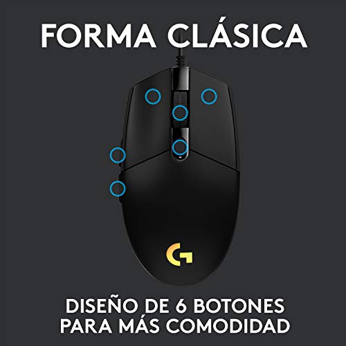 Logitech G203 LIGHTSYNC Ratón Gaming con Iluminación RGB Personalizable, 6 Botones Programables, Captor 8K para Gaming, Seguimiento de hasta 8,000 DPI, Ultra-ligero - Negro