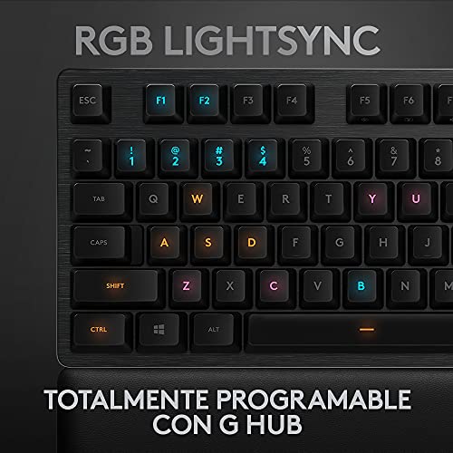 Logitech G513 Teclado Gaming Mecánico con Reposamanos, RGB LIGHTSYNC, Teclas GX-Táctil Marrón, Aleación de Aluminio, Teclas F Personalizables, Paso de USB, Disposición QWERTY ES - Carbón/Negro