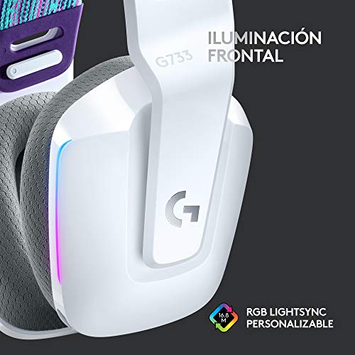 Logitech G733 LIGHTSPEED Auriculares con Micrófono Inalámbricos para Gaming con Diadema con Suspensión, LIGHTSYNC RGB, Tecnología de Micrófono Blue VO!CE, Ligeros, 29h de batería - Blanco