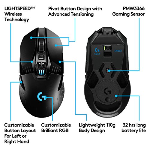 Logitech G903 Lightspeed Wireless Gaming Mouse, 12.000 dpi, RGB, Ligero, 7 a 11 Botones programables, batería de Larga duración, Compatible con PC/Mac, Embalaje de Europa del Este, Color Negro