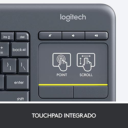 Logitech K400 Plus Teclado Inalámbrico con Touchpad para Televisores Conectados a PC, Teclas Especiales Multi-Media, Windows, Android, Ordenador/Tablet, Disposición QWERTY Español, color Negro