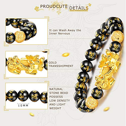 LOLIAS Feng Shui Pulsera Obsidiana Negra Pi Xiu Pulsera China Pulsera Feng Shui Hecha a Mano Amuleto de Cuentas Elástico Atraer Riqueza y Buena Suerte Pulsera para Mujeres Hombres 2 Piezas 10-12 MM