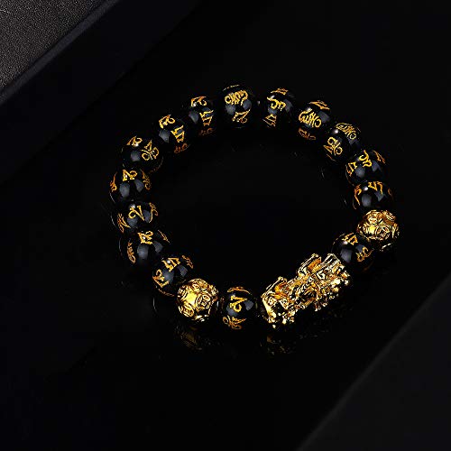 LOLIAS Feng Shui Pulsera Obsidiana Negra Pi Xiu Pulsera China Pulsera Feng Shui Hecha a Mano Amuleto de Cuentas Elástico Atraer Riqueza y Buena Suerte Pulsera para Mujeres Hombres 2 Piezas 10-12 MM
