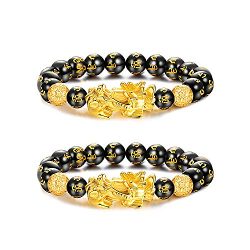 LOLIAS Feng Shui Pulsera Obsidiana Negra Pi Xiu Pulsera China Pulsera Feng Shui Hecha a Mano Amuleto de Cuentas Elástico Atraer Riqueza y Buena Suerte Pulsera para Mujeres Hombres 2 Piezas 10-12 MM