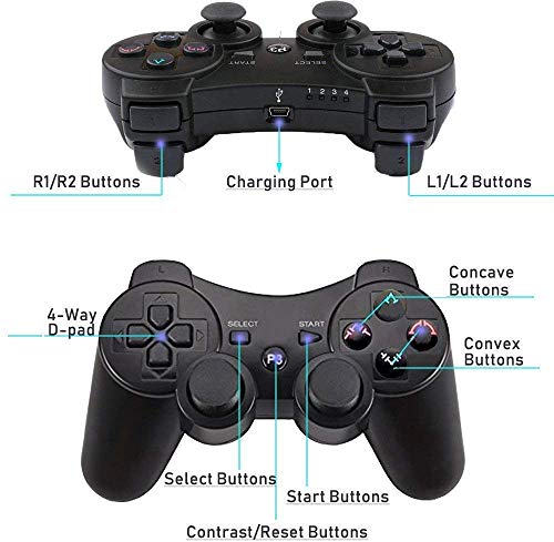 Lunriwis mando Inalámbrico ps3, Rechargable Wireless Bluetooth Gamepad Doble Vibración Six-Axis Mando a Distancia Joystick Remote Joystick Controller Gamepad para Sony PS3 Playstation 3