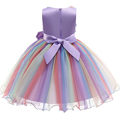 LZH Vestido de Princesa para niña, Flor, Lentejuelas, Lazo, Tul, Malla arcoíris, Fiesta de cumpleaños, Boda, Dama de Honor, Vestidos para niña, 0732-morado, 5-6 años