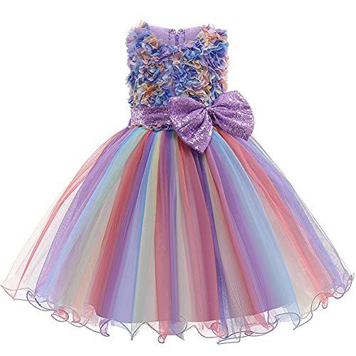 LZH Vestido de Princesa para niña, Flor, Lentejuelas, Lazo, Tul, Malla arcoíris, Fiesta de cumpleaños, Boda, Dama de Honor, Vestidos para niña, 0732-morado, 5-6 años