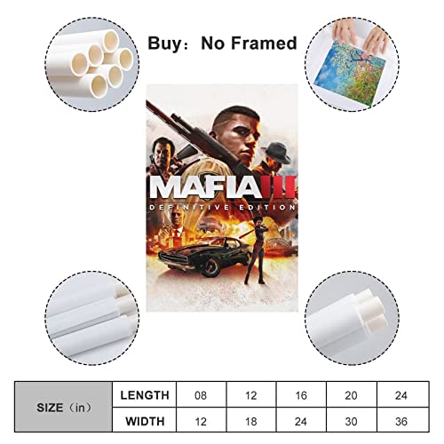 Mafia 3 Edición definitiva - Póster de juego de portada de juego de lienzo y arte de pared con impresión moderna para decoración de dormitorio familiar de 20 x 30 pulgadas (50 x 75 cm)