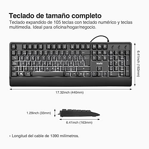 Mafiti RK201 Teclado con Cable, USB Teclado Retroiluminado, Laptop Teclado Español, Teclado de PC USB, Teclado de Tamaño Completo 12 Botones Multimedia, para Windows XP/7/8/10/Vista