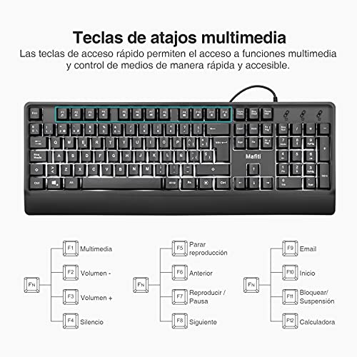 Mafiti RK201 Teclado con Cable, USB Teclado Retroiluminado, Laptop Teclado Español, Teclado de PC USB, Teclado de Tamaño Completo 12 Botones Multimedia, para Windows XP/7/8/10/Vista