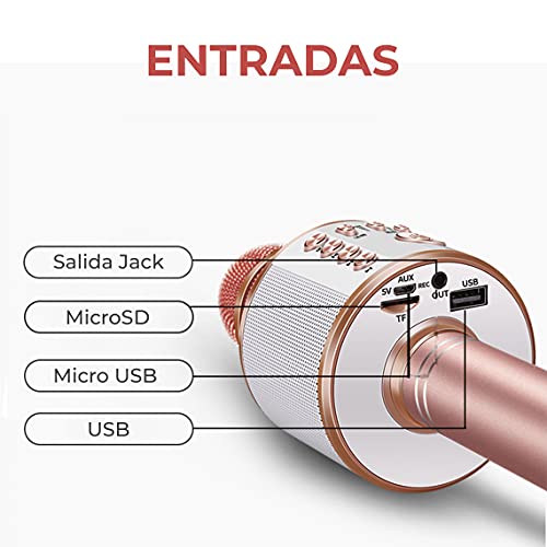 MAGIC SELECT Micrófono Karaoke con Funda de Regalo, Altavoz Bluetooth, Botón Selfie, Grabador de Voz con Tarjeta SD, Efectos de Voz y Eco, para niños y Fiestas, Compatible Android/iOS PC TV (Plata)