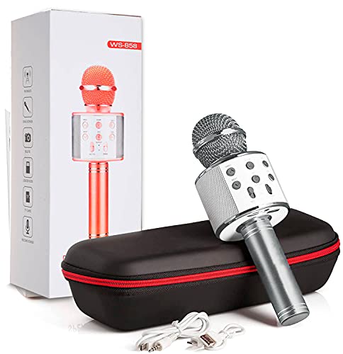 MAGIC SELECT Micrófono Karaoke con Funda de Regalo, Altavoz Bluetooth, Botón Selfie, Grabador de Voz con Tarjeta SD, Efectos de Voz y Eco, para niños y Fiestas, Compatible Android/iOS PC TV (Plata)