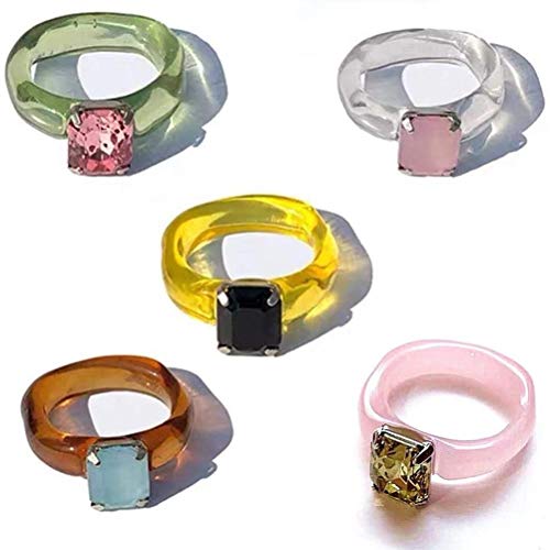 MAICOLA - Juego de 5 anillos de piedras preciosas de colores, anillos de resina, anillos de dedo de diamantes retro, regalo de joyería para mujeres y niñas