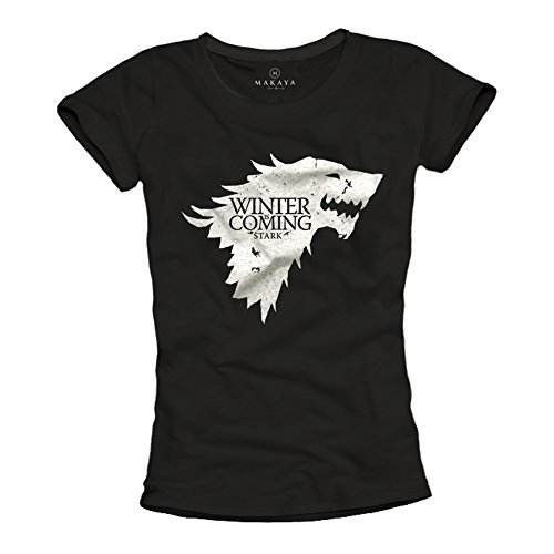 MAKAYA Camiseta Negra Mujer - Winter IS Coming Stark - Juego de Tronos L