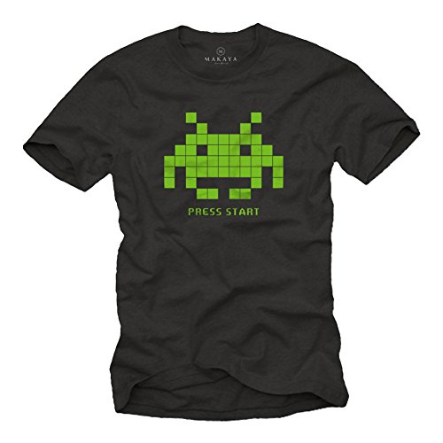 MAKAYA Regalos Frikis - Old School Gamer T-Shirt Space Invaders - Camiseta Hombre Negro M