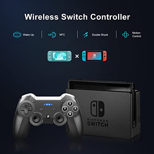 Mando inalámbrico para Nintendo Switch, ISENPENK Bluetooth Switch Pro Controller con NFC Wake-Up Turbo Dual Shock 6-Axis Gyro Remote Control Gamepad Joypad para Niños Adulto - Negro
