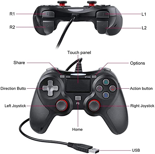 Mando PS4,PS4 Controller,Controlador de Juegos con Cable para PS4 / PS3 / PC (Win 7/8/10),con Cable USB de 2,2 m de Largo,con Motores de VVibración Dual y Asas Antideslizantes,Diseño Ergonómico