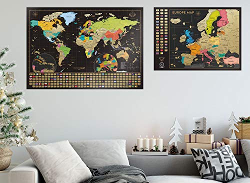 Mapa Mundi Rascar (61 X 43 cm) + Mapa Europa Rascar (46 X 33 cm). El paquete de regalo incluye una herramienta para rascar con precisión y pegatinas de recuerdo de viajes, oro/negro