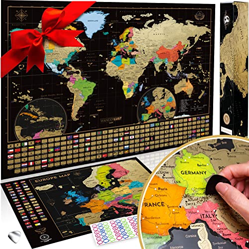 Mapa Mundi Rascar (61 X 43 cm) + Mapa Europa Rascar (46 X 33 cm). El paquete de regalo incluye una herramienta para rascar con precisión y pegatinas de recuerdo de viajes, oro/negro