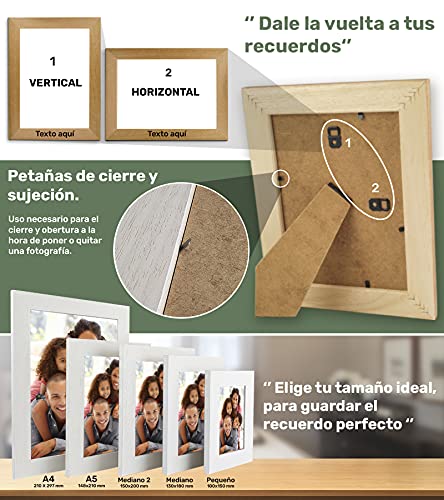 Marco de Fotos PERSONALIZABLE con tu Texto y con tu Foto - Hecho de madera de pino - Elige tu color, elige el tamaño, agrega tu texto y sube tu imagen. Hecho en España (13 x 18 cm, BLANCO)