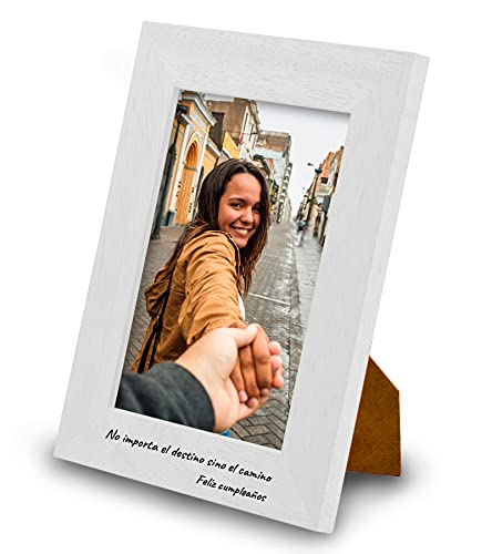 Marco de Fotos PERSONALIZABLE con tu Texto y con tu Foto - Hecho de madera de pino - Elige tu color, elige el tamaño, agrega tu texto y sube tu imagen. Hecho en España (13 x 18 cm, BLANCO)