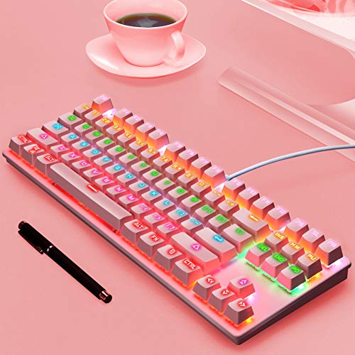 Margot74 Teclado mecánico, 87 teclas Full Anti-Ghosting Gaming Teclado Colorido Retroiluminado USB Cable Teclado mecánico para jugadores y mecanógrafos (rosa)
