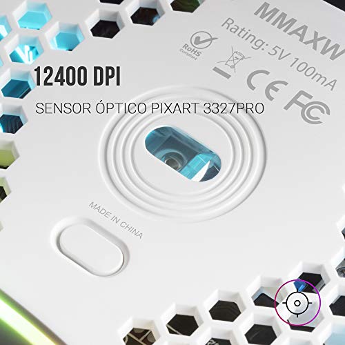 Mars Gaming MMAX Blanco, Ratón Gaming Ultraligero, RGB CHROMA 12400 DPI, Sensor Óptico PixArt 3327PRO
