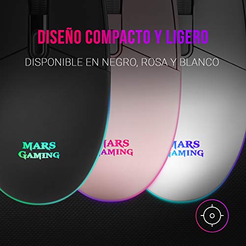 Mars Gaming MMG, Ratón Gaming Blanco, RGB Flow, Óptico 3200 dpi, Antideslizante