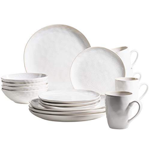 MÄSER Serie Frozen Vajilla de cerámica para 4 Personas de 16 Piezas con Formas orgánicas, Servicio Moteado Blanco, Piedra