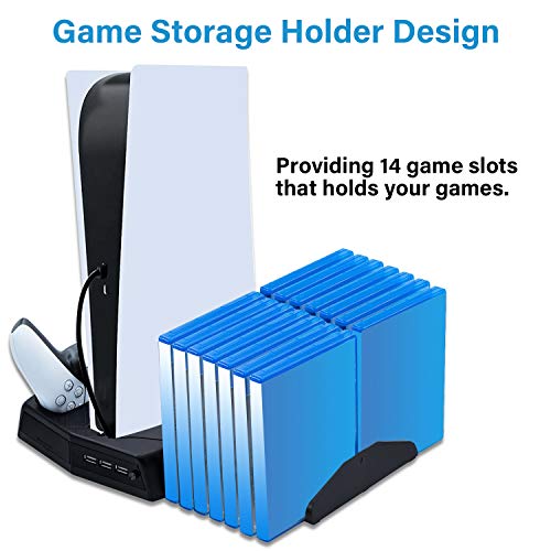 Mcbazel PS5 Soporte Vertical, Cargador Mando para Playstation 5 con Ventiladores de Refrigeración y 14 Ranuras de Juego