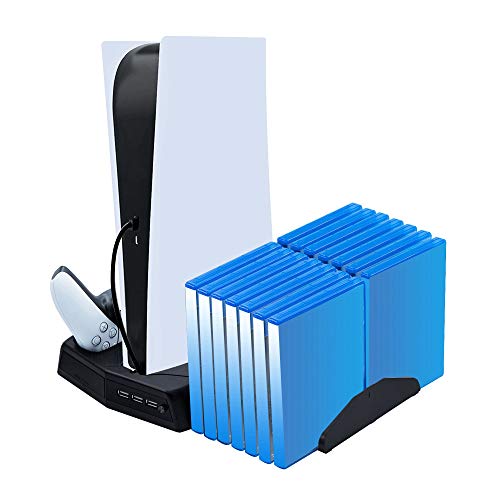 Mcbazel PS5 Soporte Vertical, Cargador Mando para Playstation 5 con Ventiladores de Refrigeración y 14 Ranuras de Juego